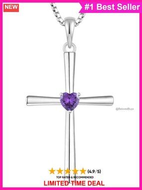 925 Sterling Silver Cross Necklace Heart Cut Amethyst Pendant Crucifix Jewelry